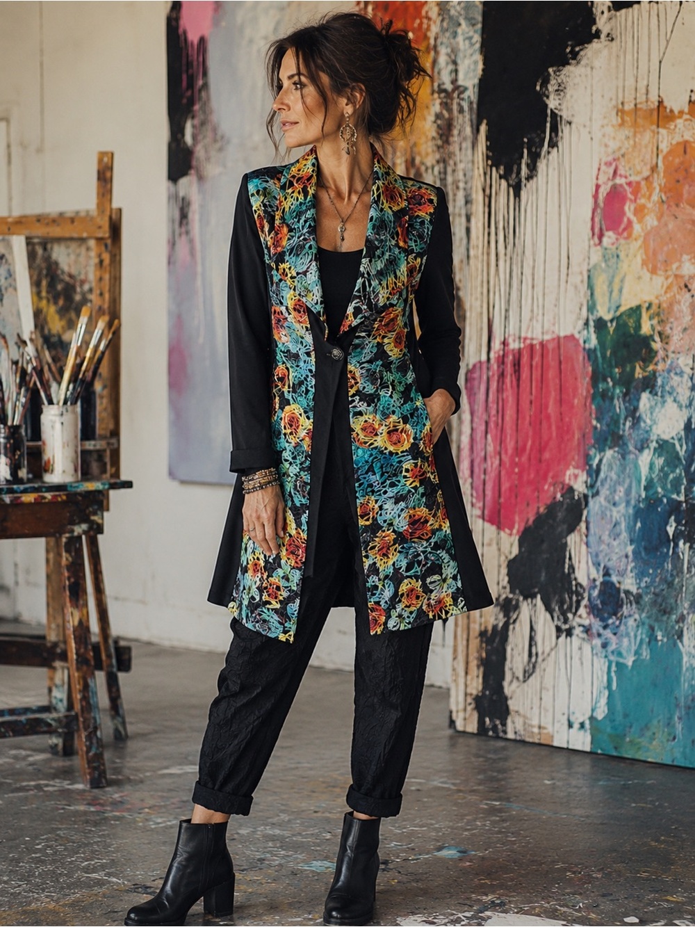 Mode Vin Rouge Black Abstract Floral Long Blazer Jacket M/M Artsy Statement